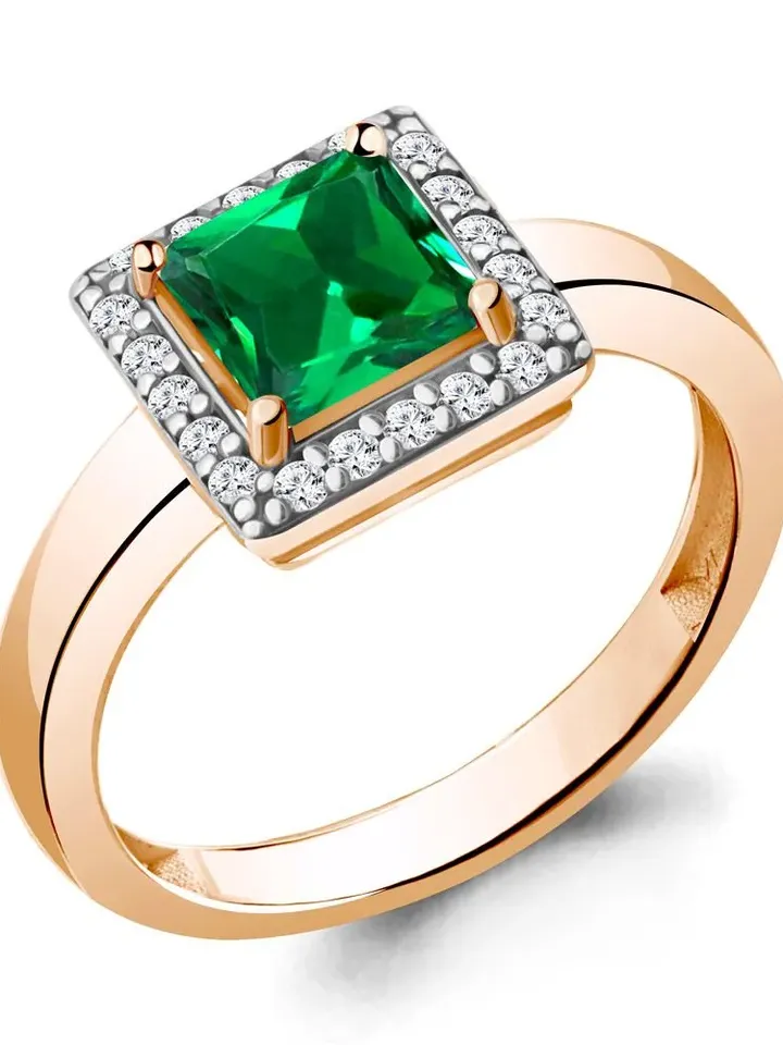Ring silver 925, gold plated, with emerald and cubic zirconia