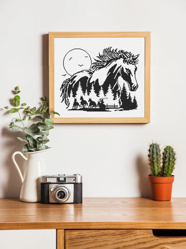 Horse cross stitch pattern PDF download Horse silhouette cross stitch chart, Monochrome nature pattern digital, Gift for horse lover #L84
