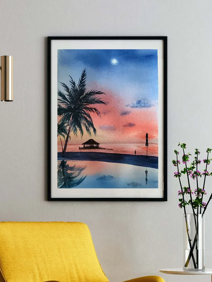 Original Watercolor Painting Sea Sunset Artwork Tropical Coast Art Bright Colors of Sea Sunset 27x39 cm by SoftWaves