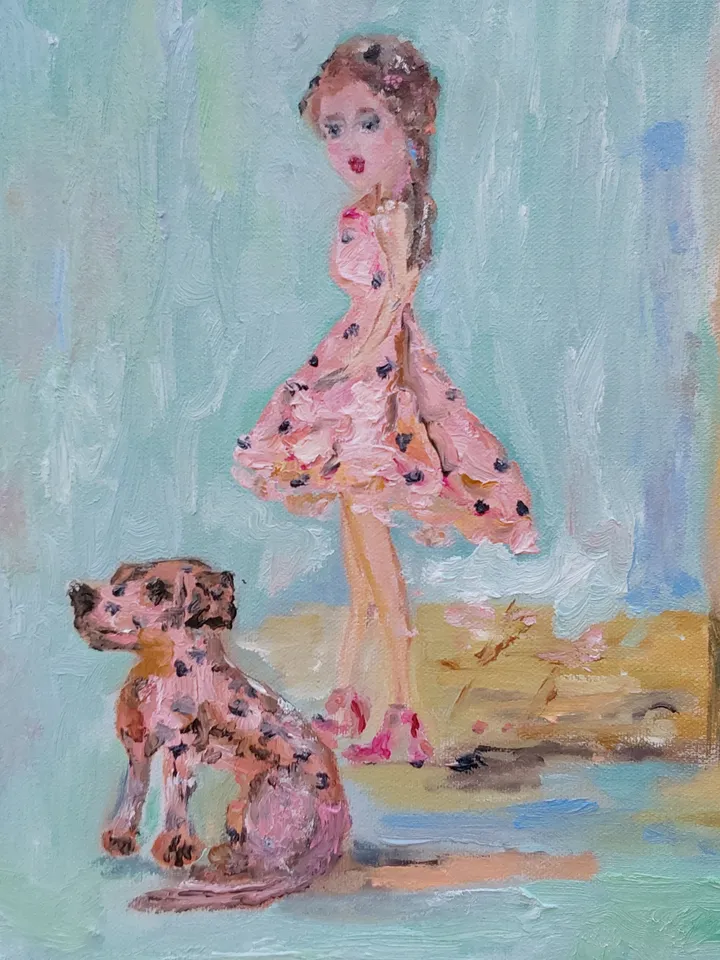 "Walking with a dog" oil painting on canvas 30x40cm (12x16 inch)