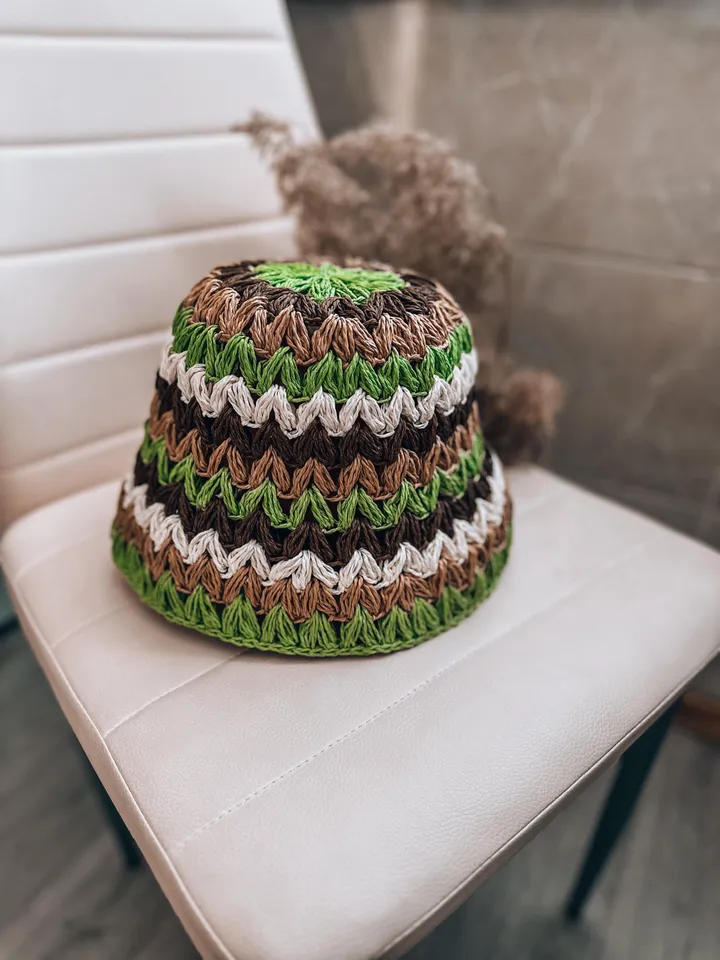 Crochet pattern raffia bucket hat PDF digital instant download, video tutorial, summer hat, cap, women hat, wave hat