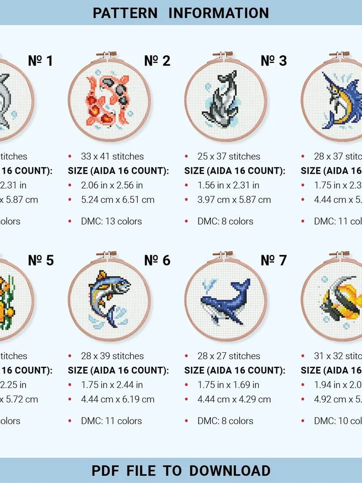 Bundle mini Fishes 8 Cross stitch patterns, contemporary, Abstract, 3 inches, beginner, modern chart, gift DIY, embroidery, instant PDF