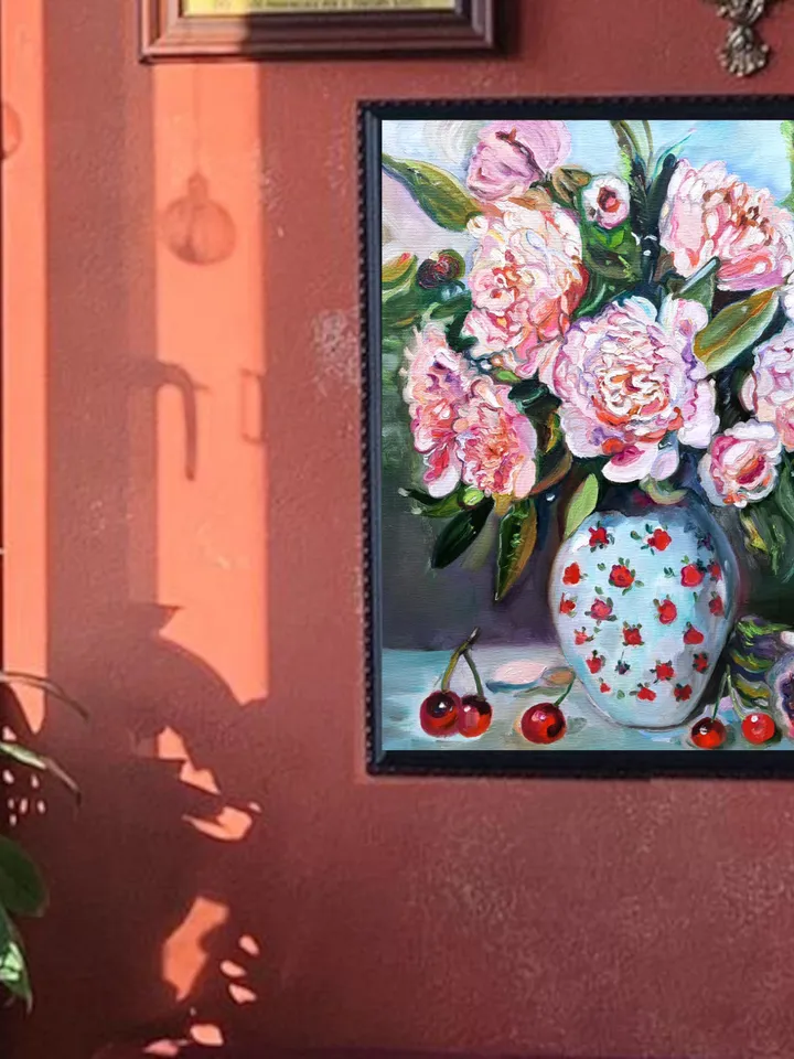 Peonies Art Original Oil Painting 19 by 16 inc.