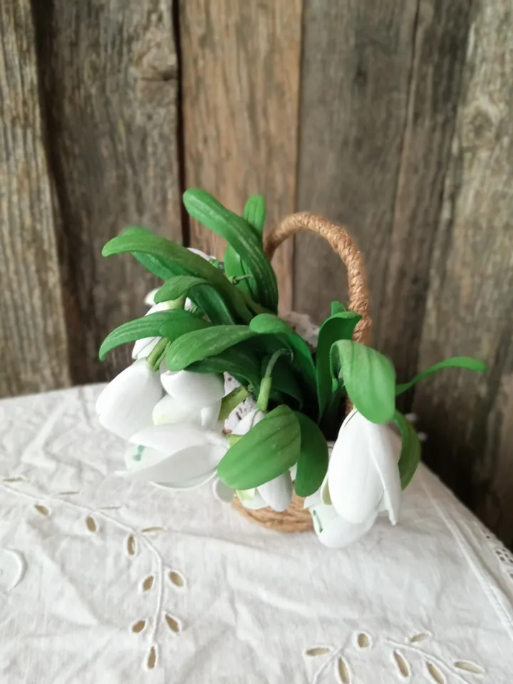 Snowdrops in a Basket - Handmade Floral Composition. Gifts for her Christmas present Indoor place