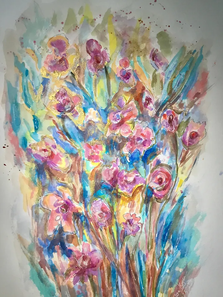 Flower fantasy original watercolor painting, flowers wall art, home decoration,gift,colourful flowers art.