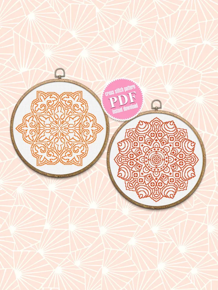 Mandala set cross stitch pattern download PDF, Monochrome mandala embroidery, Mandala digital PDF, Floral ornament cross stitch chart #S12