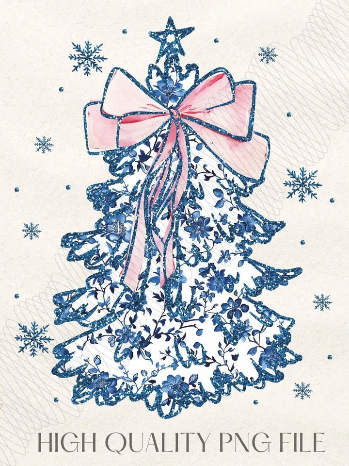Coquette Glitter Chinoiserie Christmas Tree Png, Coquette Blue Christmas Png, Christmas Toile Png, Blue Floral Bow, Preppy Christmas Png