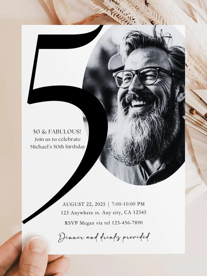 50th Birthday Party Invitation Card, Look Who's 50, Editable 50th Birthday Card Template, Printable Minimalist Birthday Photo Canva Invites