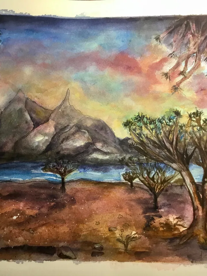 Dragon trees original watercolour african landscape painting.Landscape wall art.Original watercolour art. Sunset painting.Fantasy landscape.
