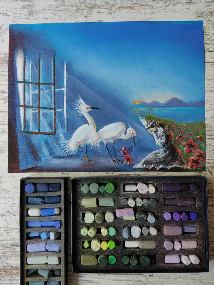 The White Heron. An illustration of a fairy tale. Original soft pastel drawing.