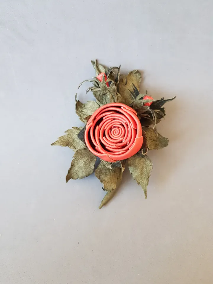Red rose leather brooch 3rd anniversary gift for wife, Leather women's jewelry