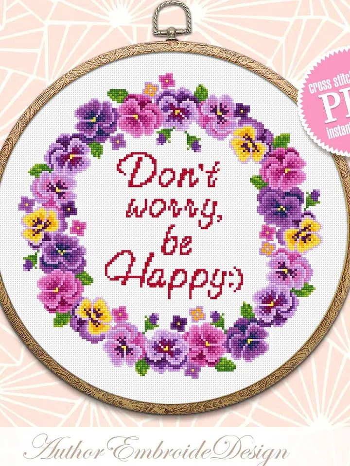 Framed quote cross stitch pattern PDF download Dont worry be happy, Flower wreath cross stitch chart, Floral frame cross stitch, Violet #Q32
