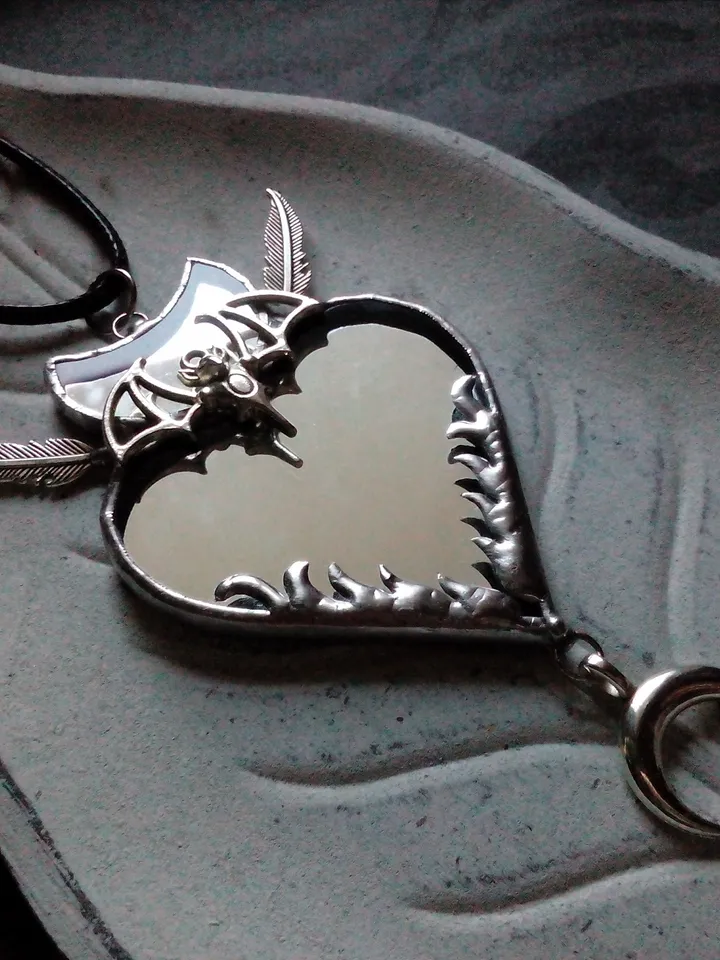 Stained glass scrying mirror, Black goth ornate mirror, Bat mirror, Car hanger, Witch mirror, Heart mirror