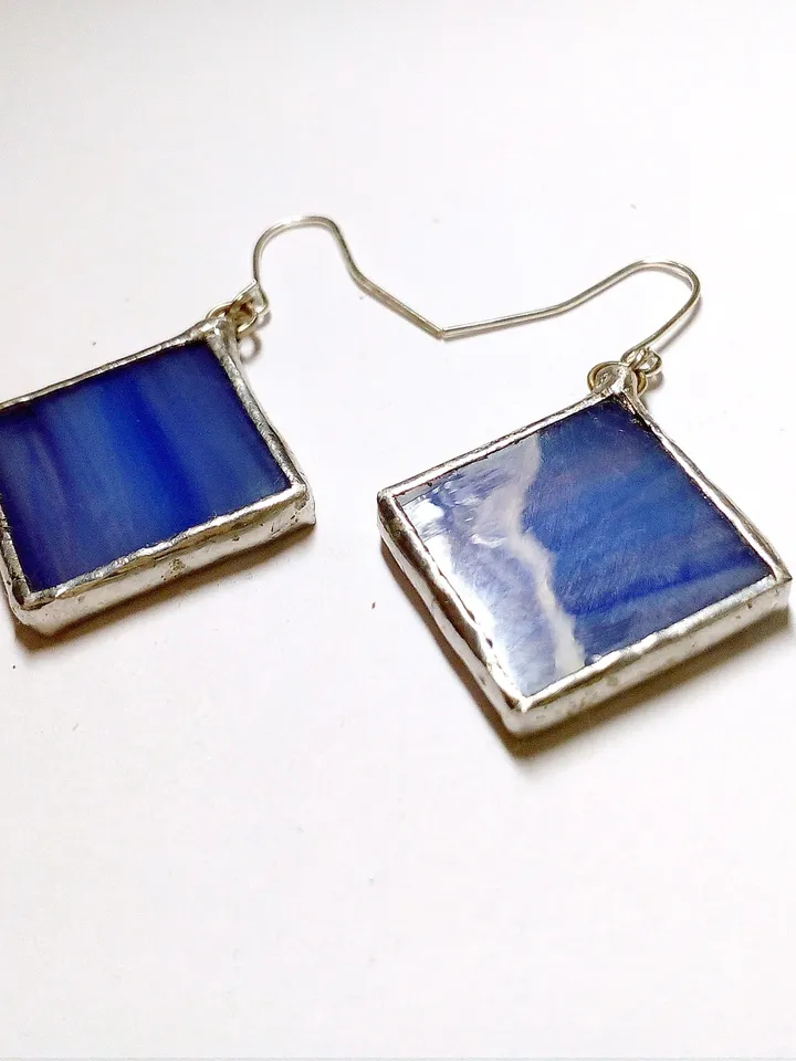 Simple stained glass, blue earrings, cute squar earrings, geomentic earrings