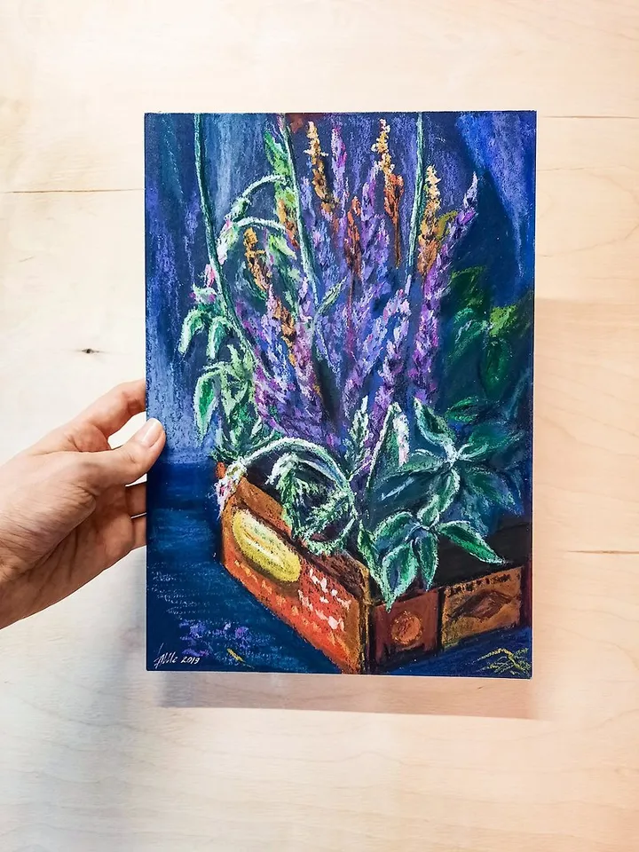 Lavender painting Oil pastel painting Still life Floral painting Original art
