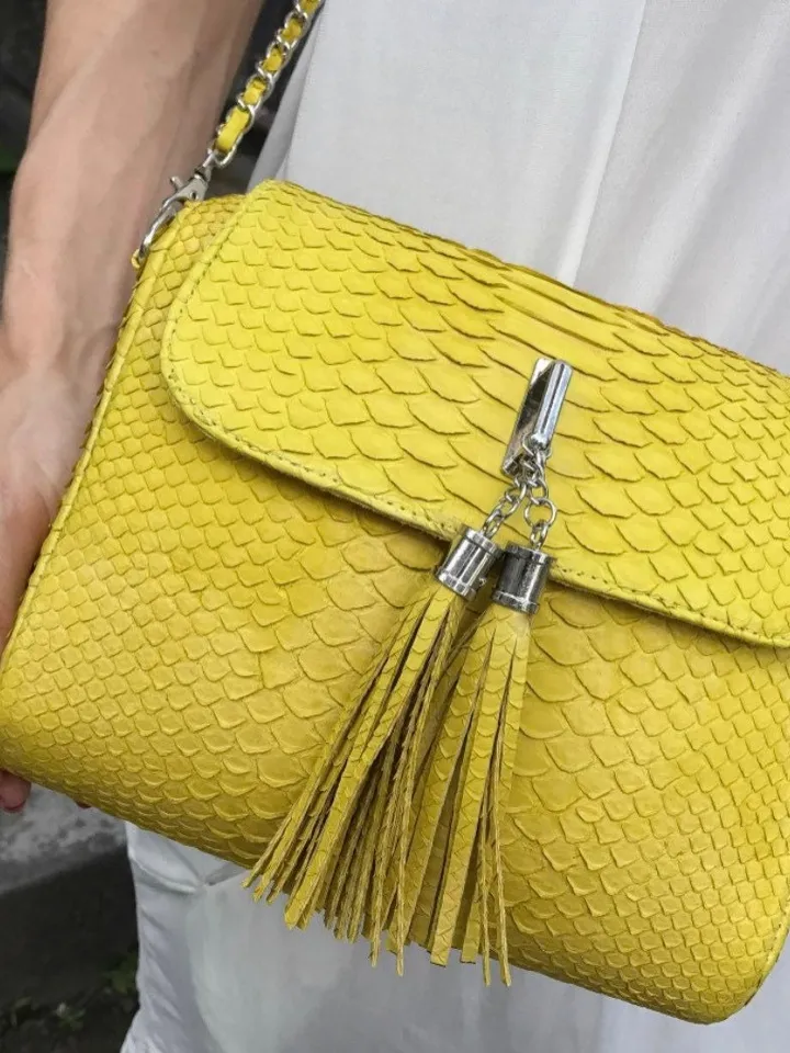Genuine Python Skin Crossbody Bag | Chain Tassel yellow chain bag | Leather Woman Free Shipping Handmade Summer purse | exotic leather bag