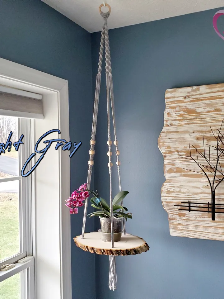 Macrame Plant Hanger with Live Edge Wood Shelf Boho Home Decor Plant Pot Holder Unique Housewarming Gift