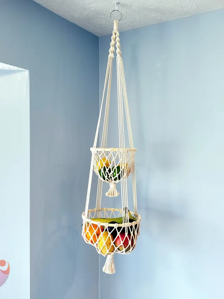 2 Tier Fruit Hammock Macrame Hanging Fruit Basket Kitchen Storage Solution Kitchen Organization Macrame Produce Net Strong Fruit Holder