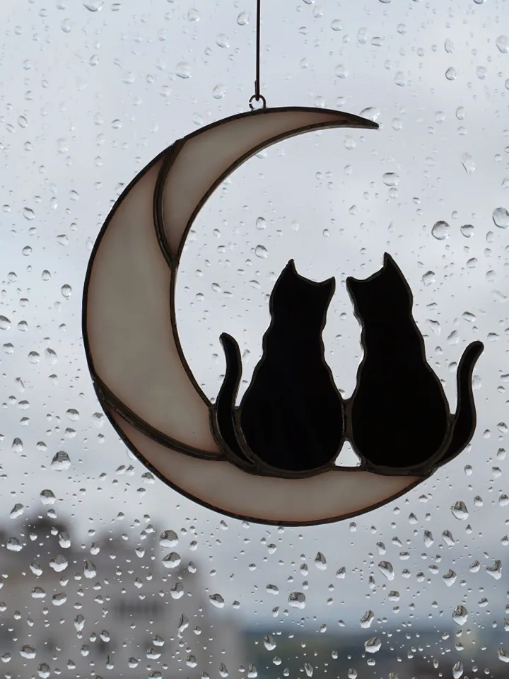 Two Black Cats On The Moon . Stained glass window hanging Suncatcher . Gift for animal lover , pet loss memorial 2