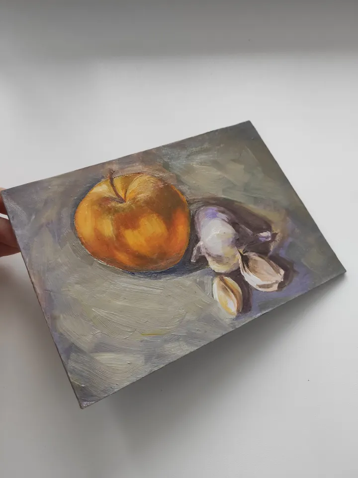 Oil painting on cardboard apple and garlic