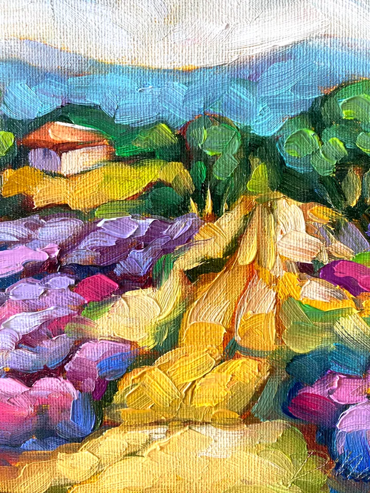 Lavender Fields Painting Tuscany Original Art Landscape Oil Painting Impasto Small Artwork 6x6 Tuscan Serenity Painting Wild Flowers
