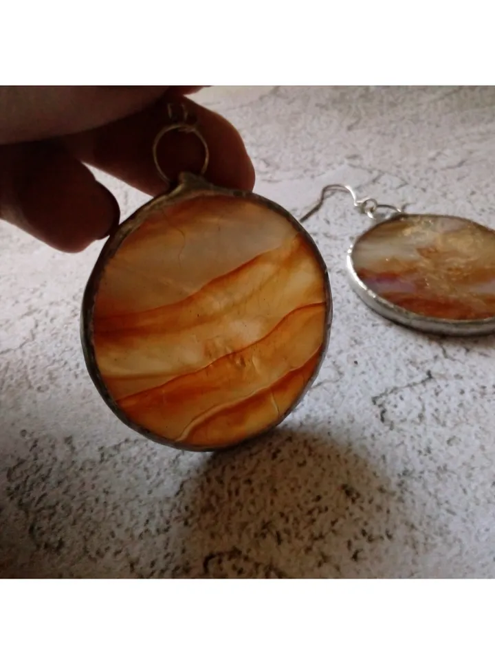 Stained glass brown earrings, Round stained glass, stainglass cute earrings, Dangle earrings, Geometric earrings
