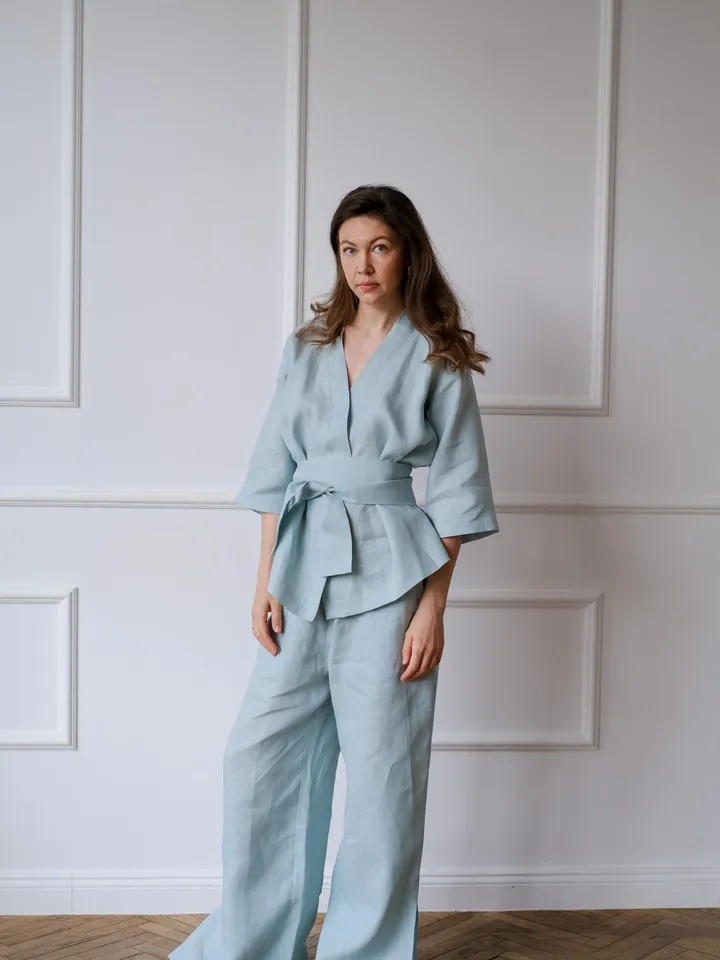Linen suit - Kimono jacket with pants for women - Linen Kimono Wrap Top - Linen clothing womens