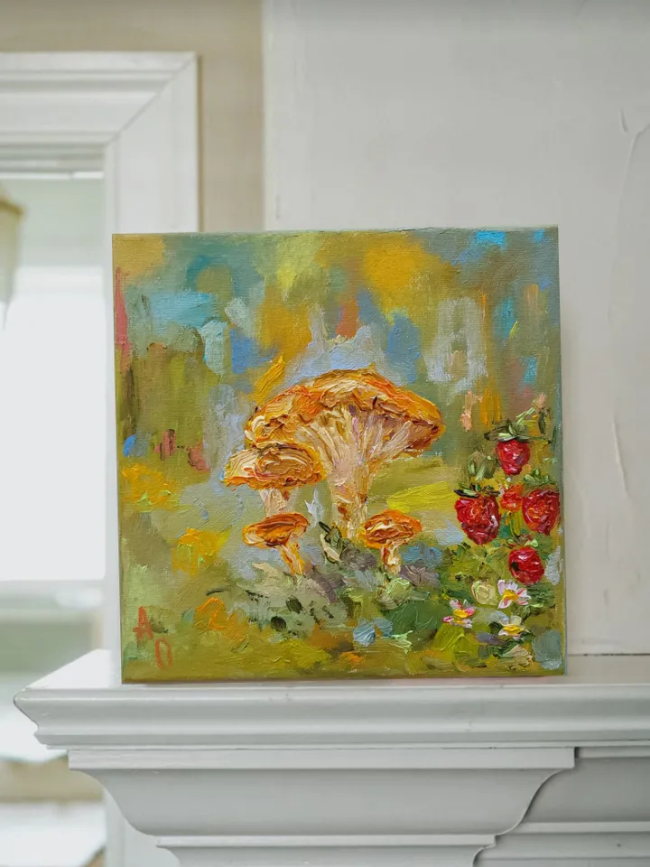 Oil painting on canvas 20x20cm (8x8 inches) "Chanterelles and strawberries"