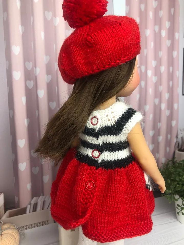 Paola Reina Doll 4 ITEMS Set: Exclusive Handmade Outfit - Beret, Dress, Tights, Shoes - Paris Collection