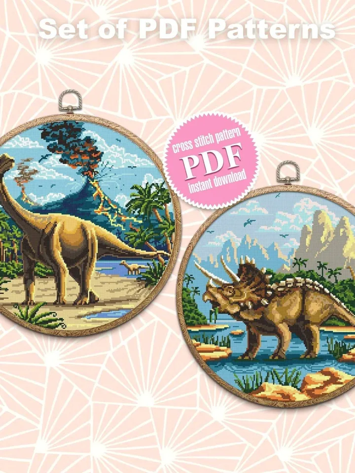 Dinosaur cross stitch pattern download PDF Ancient animal cross stitch set, Dinosaur world cross stitch Nature landscape embroidery PDF #S55
