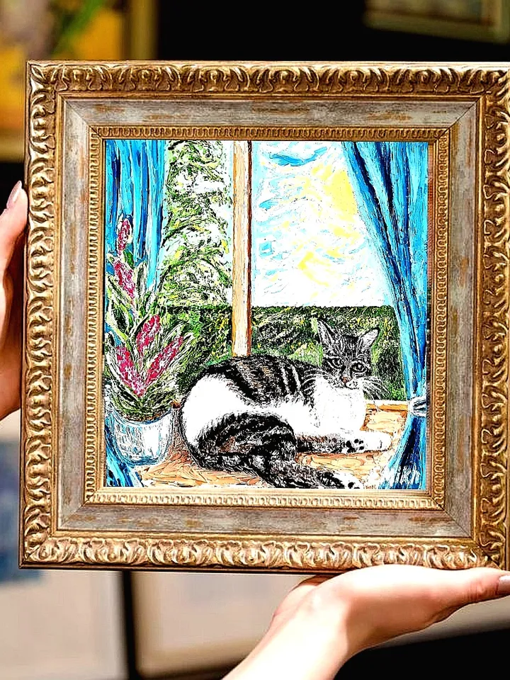 Textured oil painting "Cat", impasto 3d, 20x20 cm (7,87х7,87 inches)