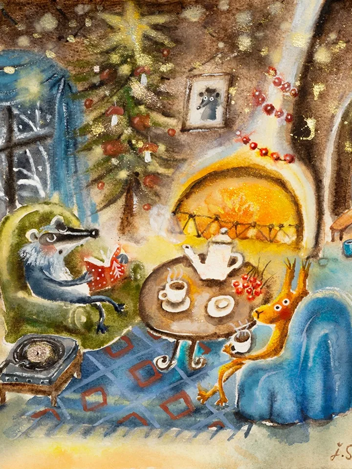 27×27cm Artwork by Julia Schigal "White Christmas" - watercolor, gouache, pastel