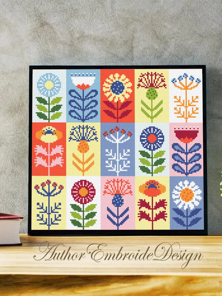 Folk flowers cross stitch pattern PDF download Scandinavian flower sampler, Patchwork cross stitch chart, Floral pattern digital PDF #P44