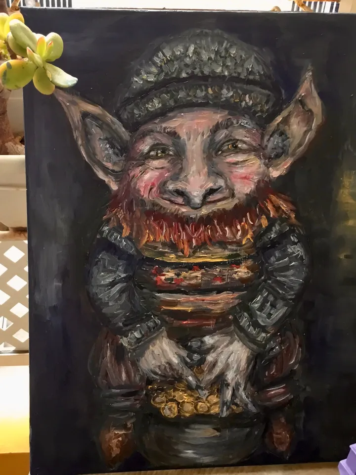 Leprechaun with a pot of gold,original oil painting on stretched canvas,home decoration,gift.