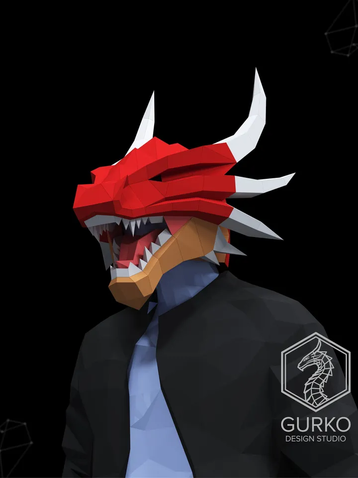 Dragon Mask Papercraft, Digital Template, PDF Download, Gurko, 3D Low Poly Animal Mask, DIY Origami, Pepakura, Paper Mask, DIY Costume