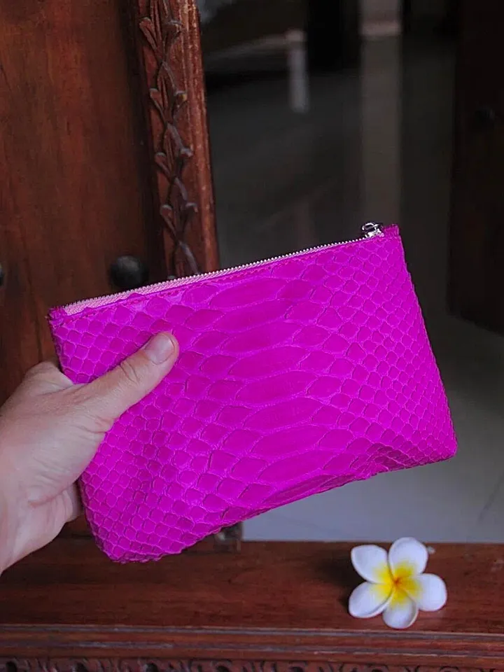 Genuine python skin hot pink cosmetic bag/ Purse Insert Organizer/ Bag Insert For Tote Bag/ exotic leather wallet / small snake skin clutch