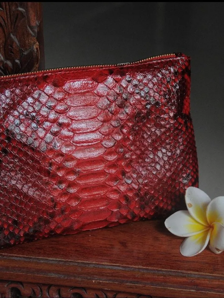Genuine python skin red cosmetic bag/ Purse Insert Organizer/ Bag Insert For Tote Bag/ exotic leather wallet / small snake skin clutch