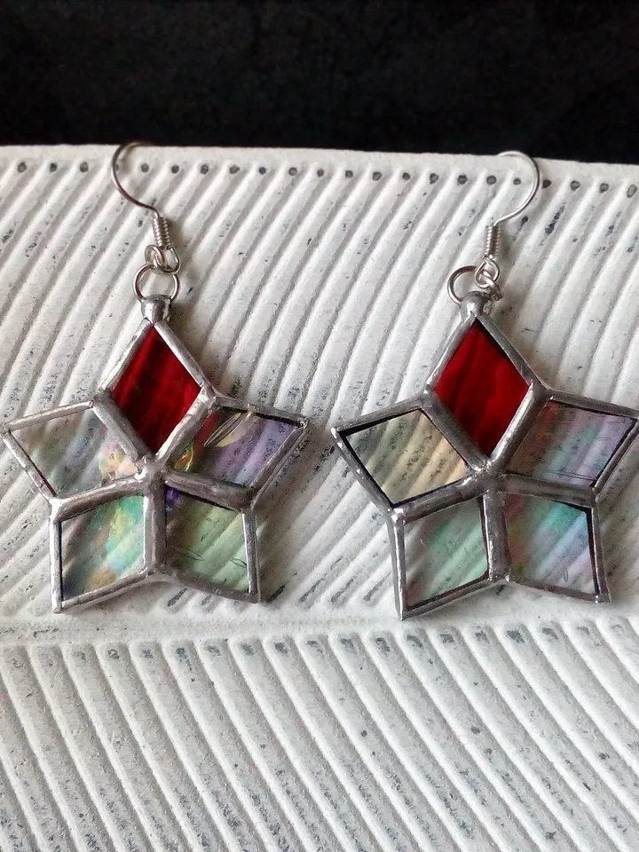 Star drop earrings, flower dangle earrings, geometric earrrings, Iridescent drop earrings, simple stained glass