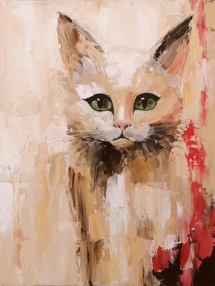 Beige Cat Original Oil Painting Abstract Cat Artwork