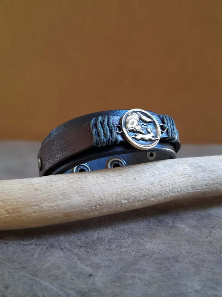 Hunting Wolf Bracelet, Handmade Adjustable Leather Cuff, Hunter Gift Idea, Men Empowerment Leather Wristband, Anniversary Gift for Him