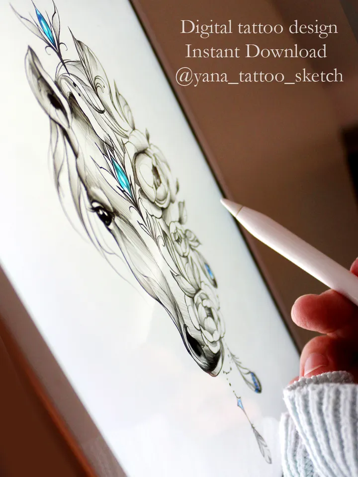 Horse Tattoo Design Horse Tattoo Idea For Females Horse Flowers Tattoo Stencil Sketch, Instant download PDF, JPG