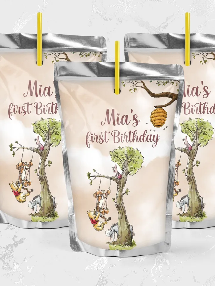 Editable Juice Label Hundred Acre Wood First Birthday party juice label; Winnie the Pooh Party; Classic Pooh Party Birthday ; wp6