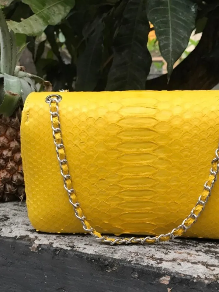 Yellow Genuine Python Skin Crossbody Chain Bag | Bright Summer Bag | Elegant Women Bag | Chain Strap Crossbody Deep classy Purse | gift idea