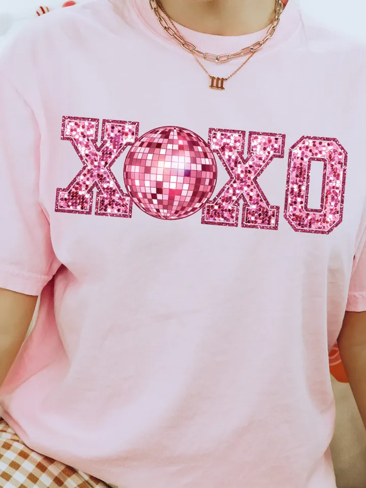 XOXO Faux Sequin PNG Disco Ball Valentine, Valentines Day Png, love png, Retro Valentines Png, Trendy Valentines Png, valentine shirt png