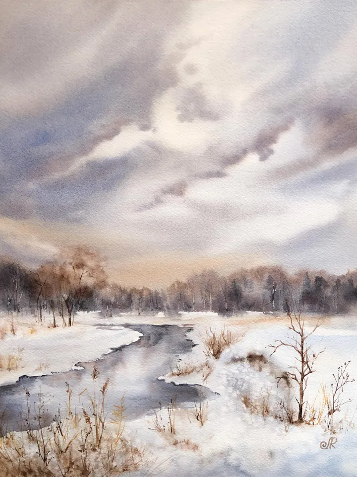Landscape Original Watercolor Painting Autumn Painting