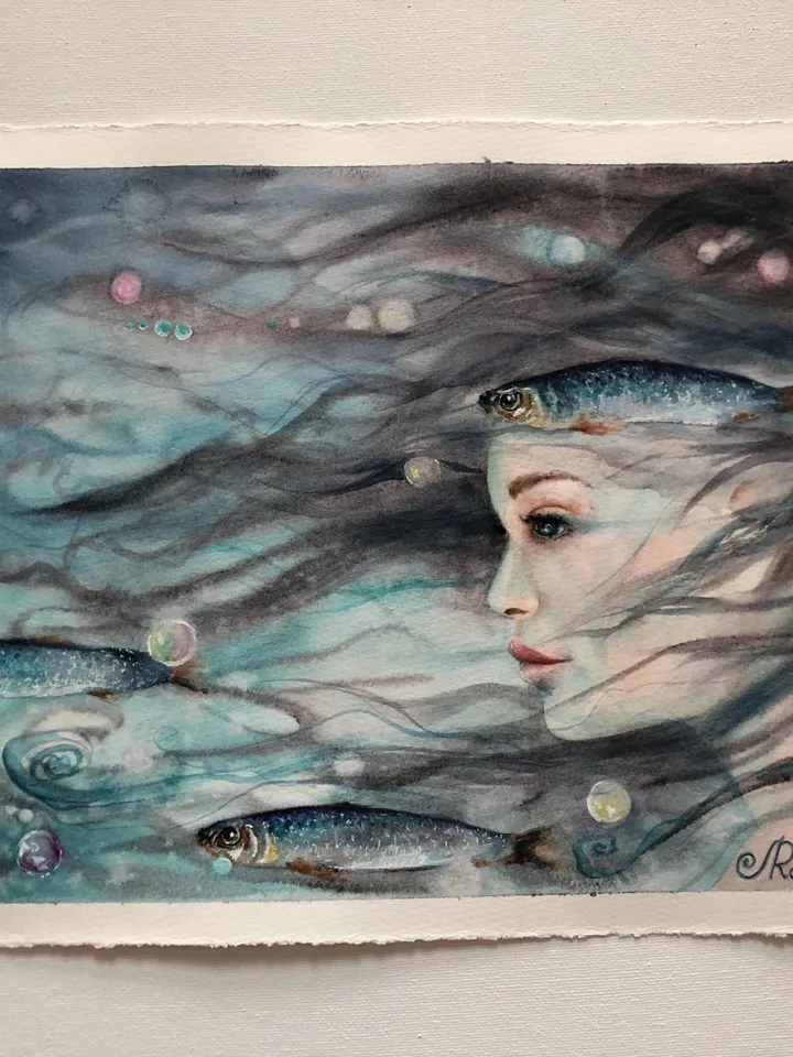 Mermaid Original Painting Woman Watercolor Artwork