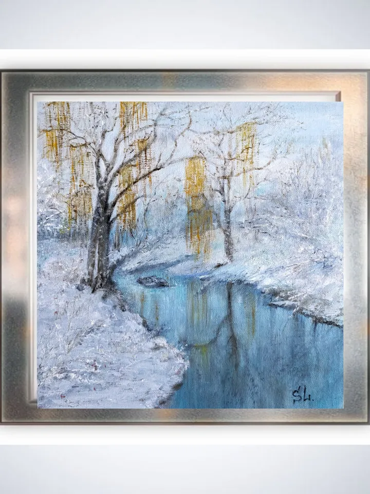 Painting Winter landscape with birches, Dawn River Reflection
canvas on cardboard 10x10 inches, oil paints