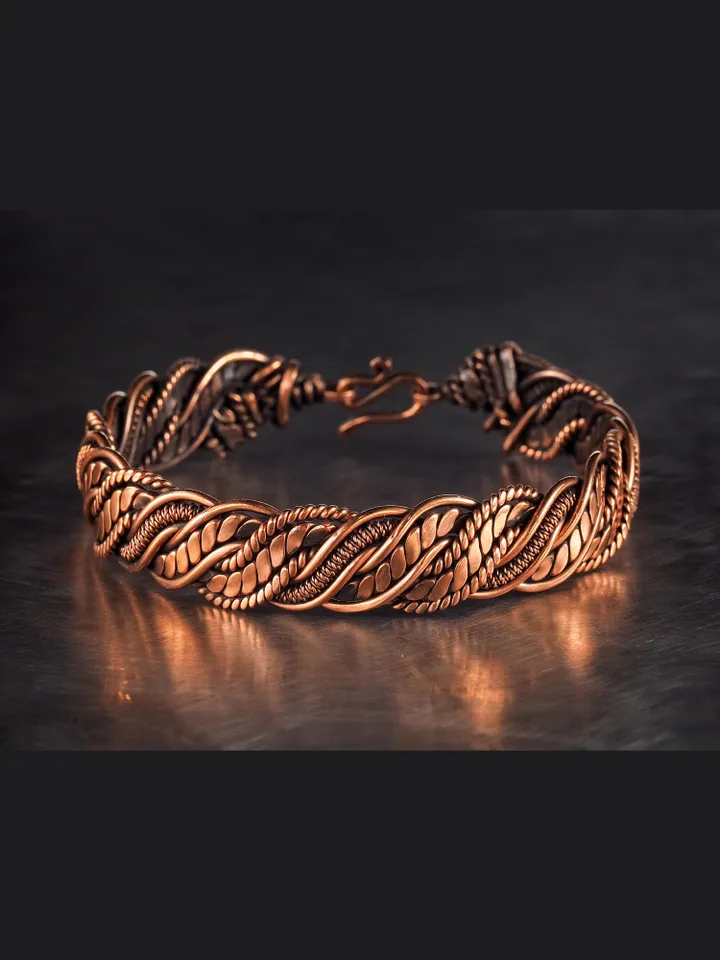 Wire wrapped bracelet, Unique 7th 22nd Anniversary gift idea, Art Nouveau antique style, One of kind braided statement bangle, Handmade oxidized pure copper jewelry, Pain relief, EMF protection