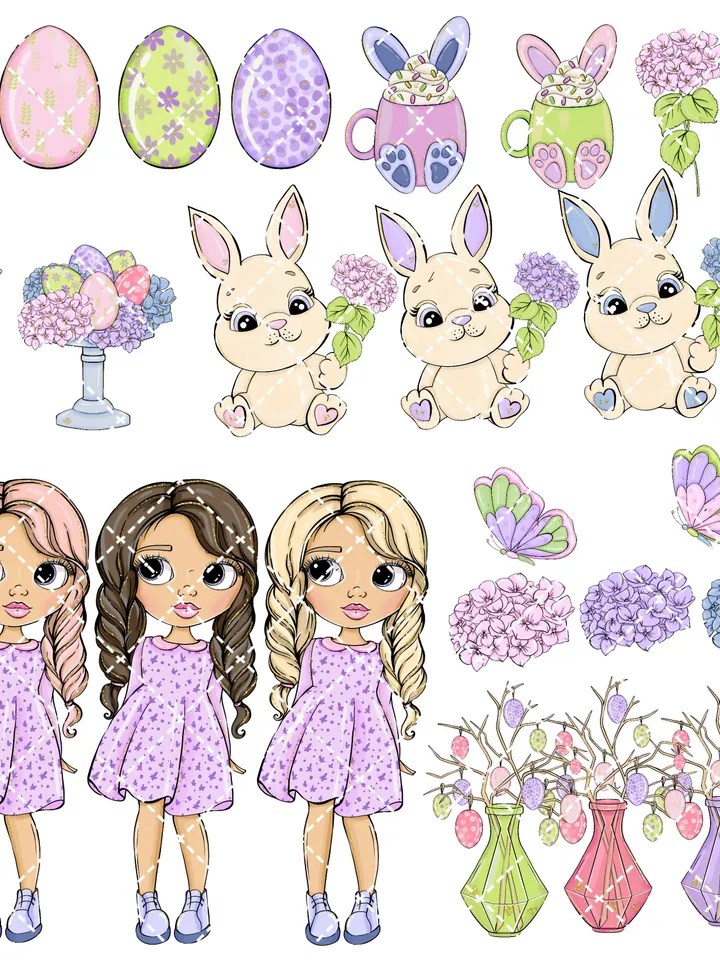 Inspire Easter Girl Clipart, Girl with Bunny Clipart, Spring Girl Clipart, Various Hair Color Girl, Doll Planner Stickers, Easter Doll Clipart