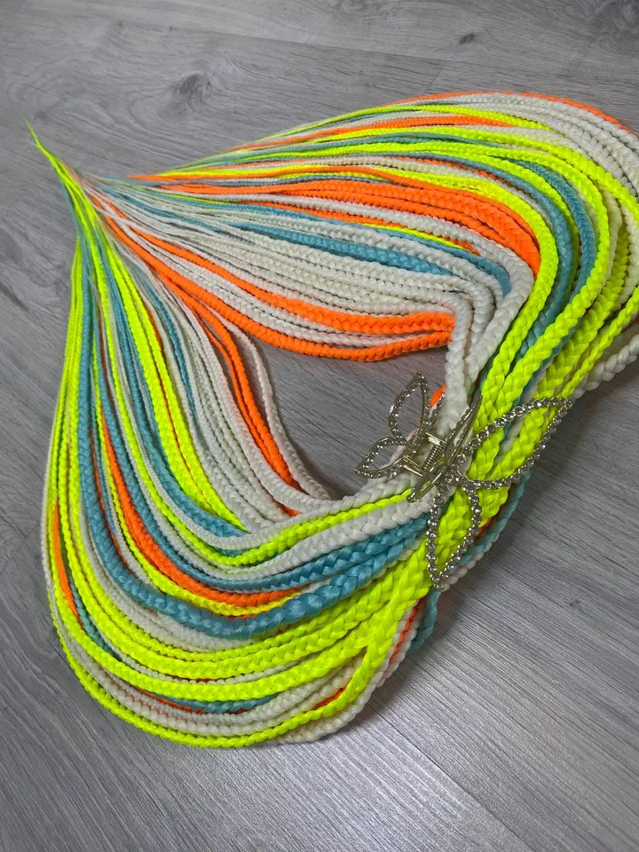 Neon Synthetic braids yellow orange unicorn dreads DE. Synthetic dreadlock extensions. Rainbow braids full set.
